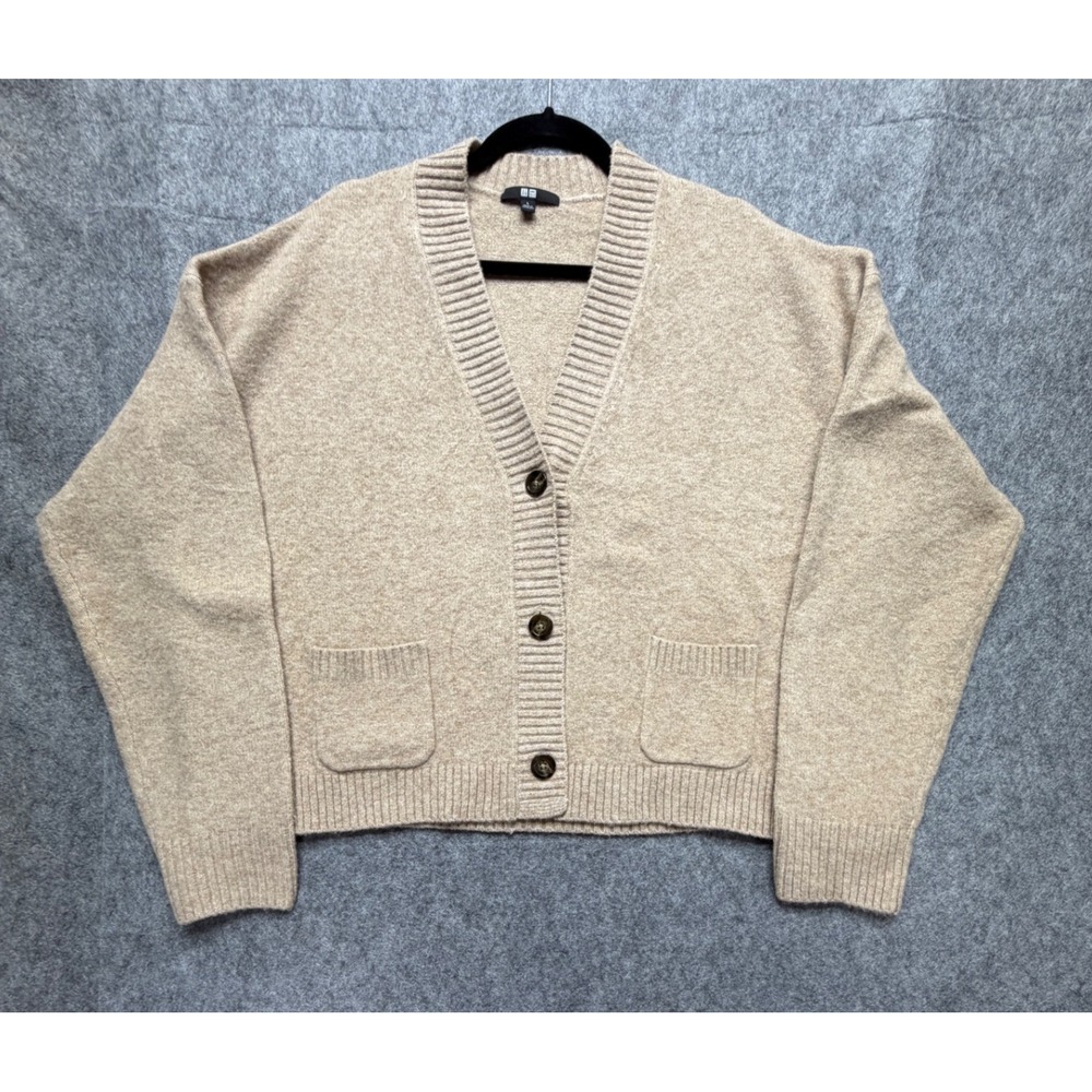 Uniqlo Womens Relaxed V-Neck Cardigan Sweater Beige Knit Large Wool Blend